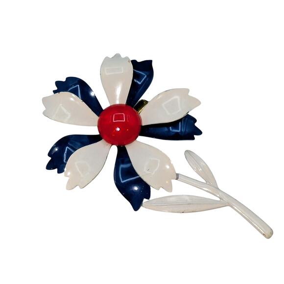 Vintage Red White Blue Enamel Flower Brooch - Picture 1 of 5